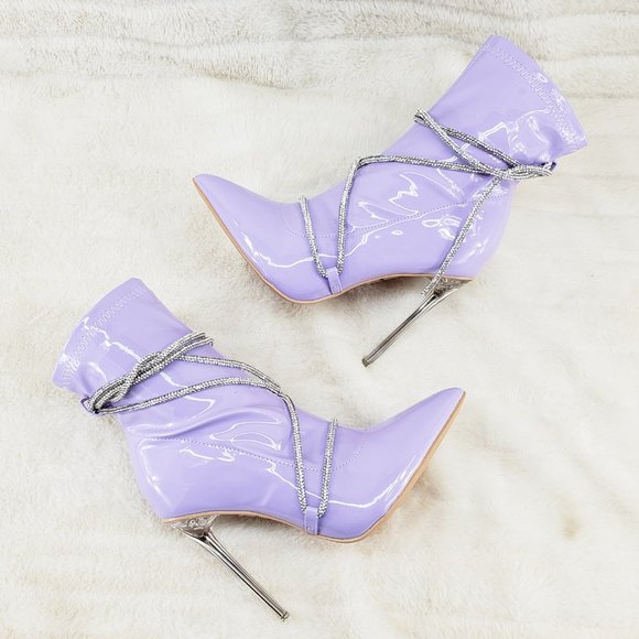 Lilac Purple Stretch Patent High Heel Ankle Boots with Rhinestone Straps - Picture 11 of 14